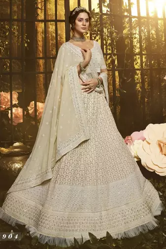  White Colored Thread And Zari Embroidered Georgette Fabric Designer Lehenga Choli For Wedding And Bride
