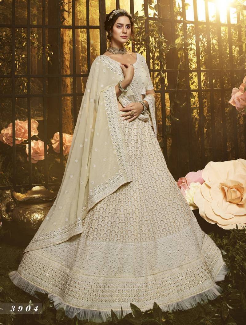 White Colored Thread And Zari Embroidered Georgette Fabric Designer Lehenga Choli For Wedding And Bride