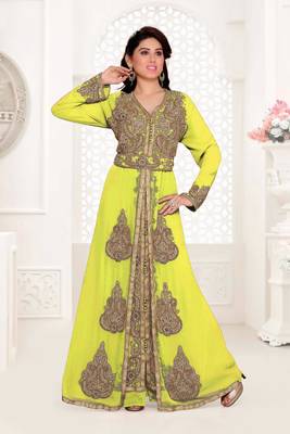 Yellow color Full Sleeves Handmade Moroccan Kaftan with hijjab 1