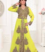 Yellow color luxurious Full Sleeves Handmade Moroccan Kaftan with hijjab