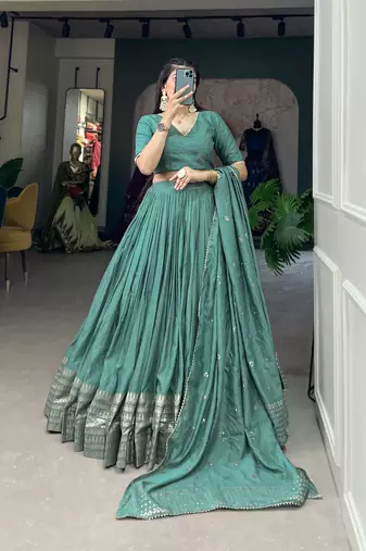 Plain Chanderi With Zari Weaving Work Border Lehenga Choli