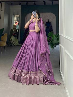 Plain Chanderi With Zari Weaving Work Border Lehenga Choli 4