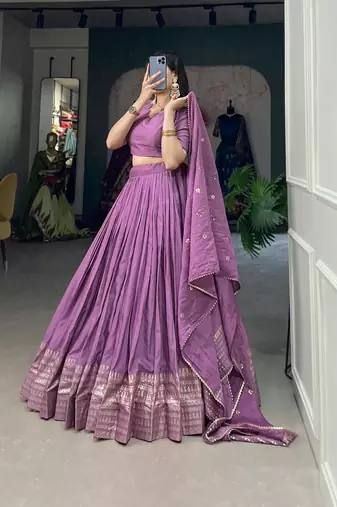 Plain Chanderi With Zari Weaving Work Border Lehenga Choli