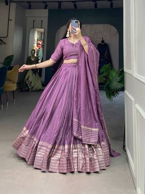 Plain Chanderi With Zari Weaving Work Border Lehenga Choli 7
