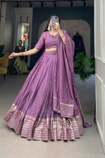Plain Chanderi With Zari Weaving Work Border Lehenga Choli