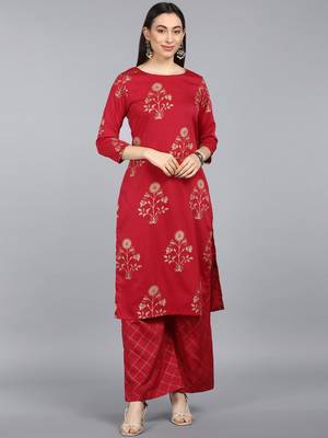 red color floral printed poly crepe fancy kurta with palazzo set 1
