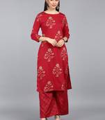 red color floral printed poly crepe fancy kurta with palazzo set