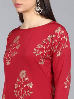 red color floral printed poly crepe fancy kurta with palazzo set 2
