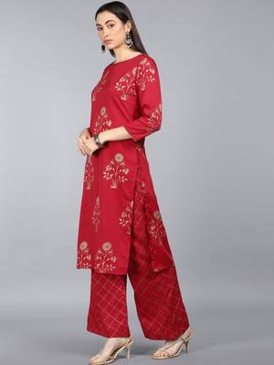 red color floral printed poly crepe fancy kurta with palazzo set 3