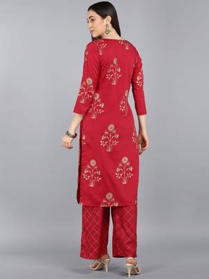 red color floral printed poly crepe fancy kurta with palazzo set 4