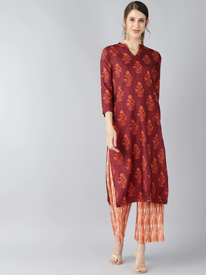 maroon color ethnic motifs printed poly crepe fancy kurta with palazzo set 1