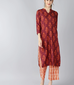 maroon color ethnic motifs printed poly crepe fancy kurta with palazzo set