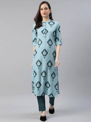 blue color ethnic motifs printed poly crepe fancy kurta with trouser set 1