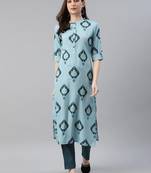 blue color ethnic motifs printed poly crepe fancy kurta with trouser set