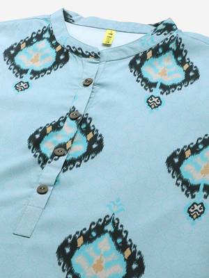 blue color ethnic motifs printed poly crepe fancy kurta with trouser set 2