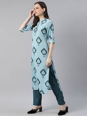 blue color ethnic motifs printed poly crepe fancy kurta with trouser set 3
