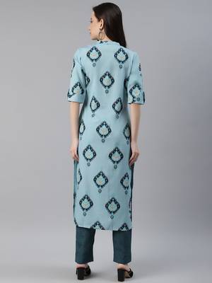 blue color ethnic motifs printed poly crepe fancy kurta with trouser set 4
