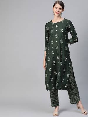 Ahika green color ethnic motifs printed poly crepe fancy kurta with trouser set 1