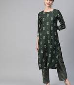 Ahika green color ethnic motifs printed poly crepe fancy kurta with trouser set