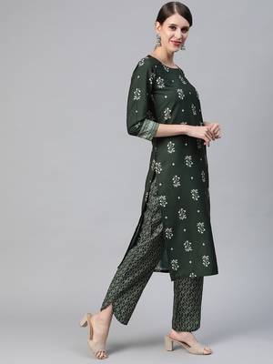 Ahika green color ethnic motifs printed poly crepe fancy kurta with trouser set 3