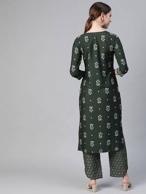 Ahika green color ethnic motifs printed poly crepe fancy kurta with trouser set 4