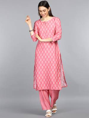 pink color printed ethnic motifs polyester fancy kurta with trouser set 1
