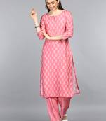 pink color printed ethnic motifs polyester fancy kurta with trouser set