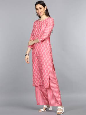 pink color printed ethnic motifs polyester fancy kurta with trouser set 3