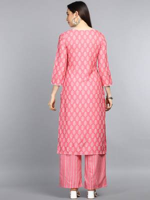 pink color printed ethnic motifs polyester fancy kurta with trouser set 4