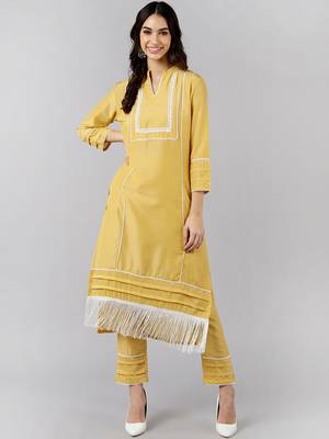 yellow color solid poly silk fancy kurta with trouser set 1