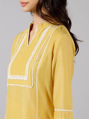 yellow color solid poly silk fancy kurta with trouser set 2