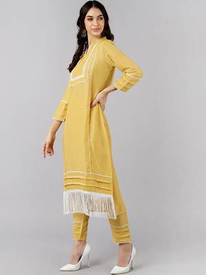 yellow color solid poly silk fancy kurta with trouser set 3