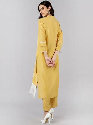yellow color solid poly silk fancy kurta with trouser set 4