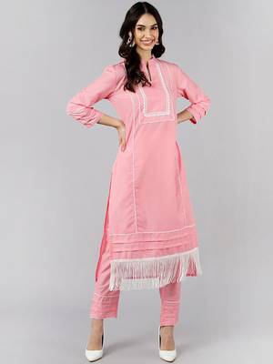 Pink Silk Plain Fringe Trim Kurta Set 1