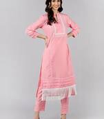Pink Silk Plain Fringe Trim Kurta Set