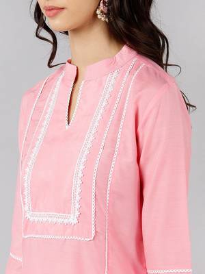 Pink Silk Plain Fringe Trim Kurta Set 2