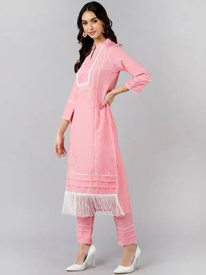 Pink Silk Plain Fringe Trim Kurta Set 3