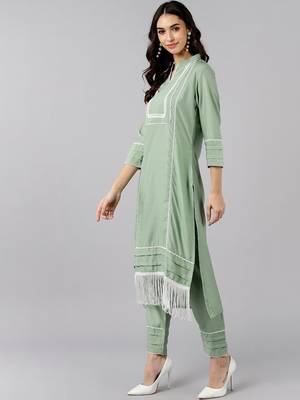 green color solid poly silk fancy kurta with trouser set 3