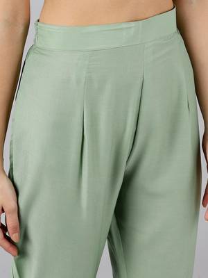 green color solid poly silk fancy kurta with trouser set 5