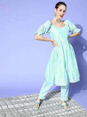 blue color woven design poly chanderi fancy kurta with trouser set 1