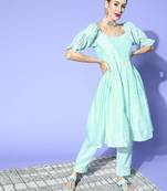 blue color woven design poly chanderi fancy kurta with trouser set