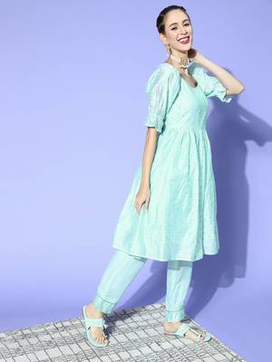 blue color woven design poly chanderi fancy kurta with trouser set 3