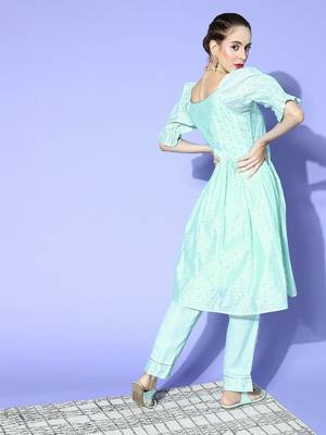 blue color woven design poly chanderi fancy kurta with trouser set 4