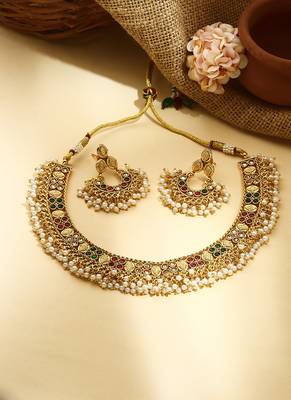 Multicolour Gold Plated Necklace Set With Pink and Green Stones 1