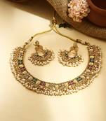 Multicolour Gold Plated Necklace Set With Pink and Green Stones