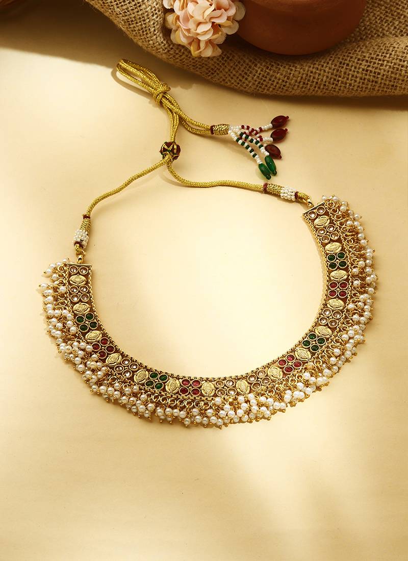 Multicolour Gold Plated Necklace Set With Pink and Green Stones
