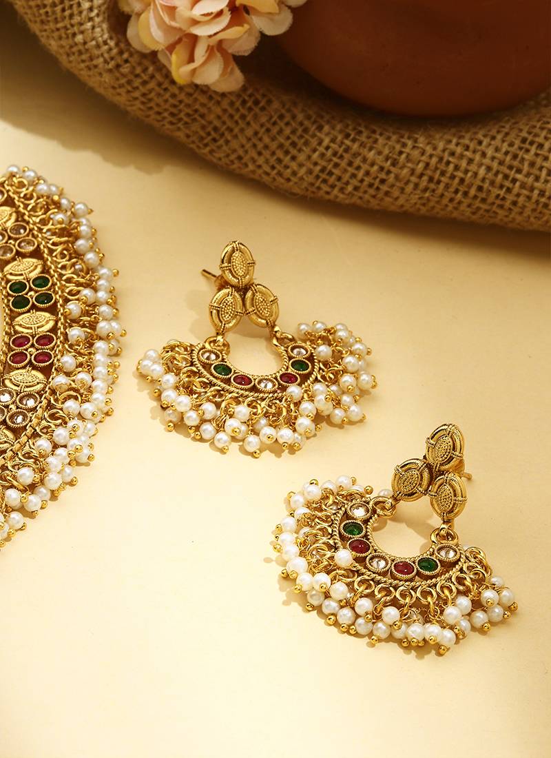 Multicolour Gold Plated Necklace Set With Pink and Green Stones