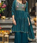 Teal georgette full stitch wedding gharara suits