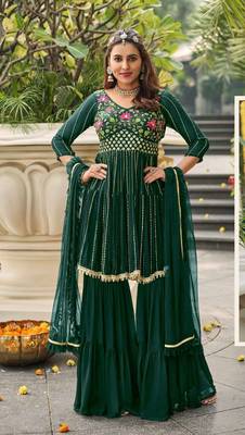 Dark green georgette full stitch wedding gharara suits 1