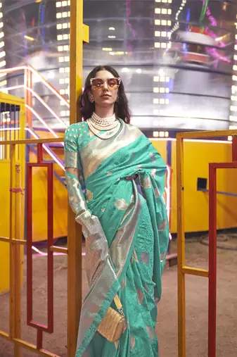 Kimisha Women'S Turquoise Silk Woven Saree With Unstitched Blouse Piece